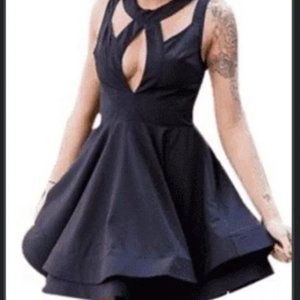 ETIQUETTE deep V-Neck open back cut out flare mini dress black size S